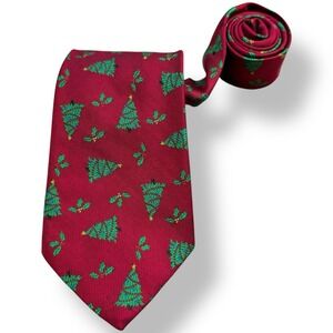 Ben Silver Red Silk Christmas Tree Embroidered Necktie Men's Size 3.5x59